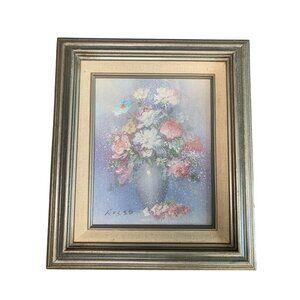 Vintage Signed by Rizzo Floral Bouquet Canvas Art in Ornate Silver Frame 15x13